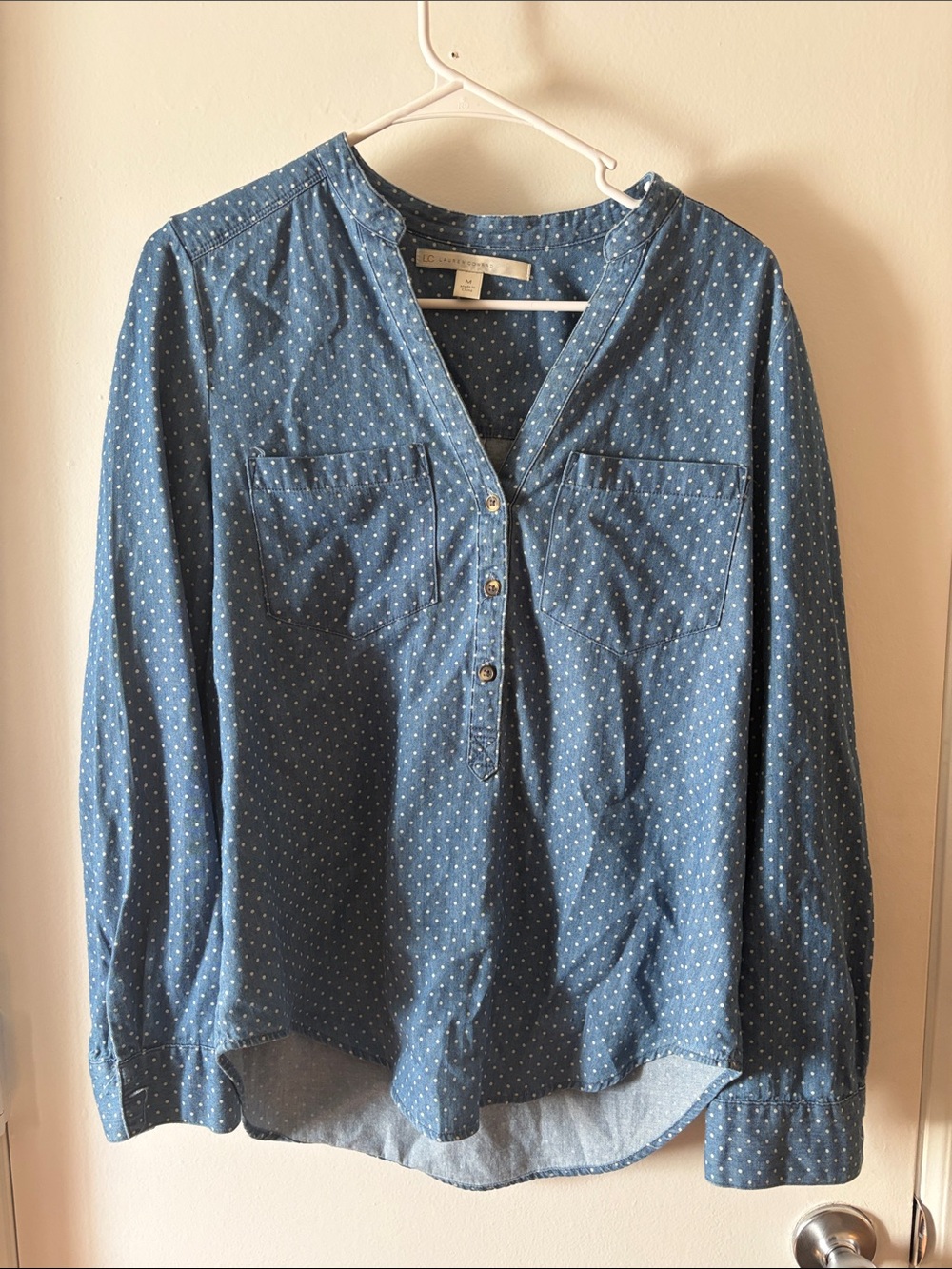 LC Lauren Conrad Blue and White Polka Dot Top